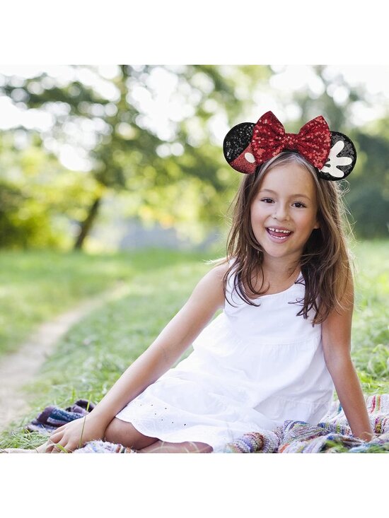 Women Red Bow 2 Sequin Handmade Mickey Mouse Headband 2 Pieces